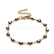 Enamel Heart with Evil Eye Link Chains Bracelet, Vacuum Plating 304 Stainless Steel Jewelry for Women, Golden, Black, 6-7/8 inch(17.5cm)(BJEW-P271-07G-03)