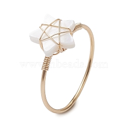 Natural White Shell Finger Rings, Golden Brass Wire Wrap Ring, Star, US Size 9 1/2(19.3mm)(RJEW-JR00610-02)