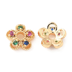 Brass & Cubic Zirconia Bead Caps, Flower, Real 18K Gold Plated, 7.5x8x3mm, Hole: 1.8mm(KK-F860-67G)