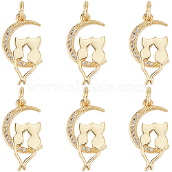 Brass Micro Pave Clear Cubic Zirconia Pendants, Long-Lasting Plated, with Jump Rings, Moon with Couple Cat, Real 18K Gold Plated, 19x10x2mm, Hole: 2mm, 8pcs/box(ZIRC-BBC0002-47)