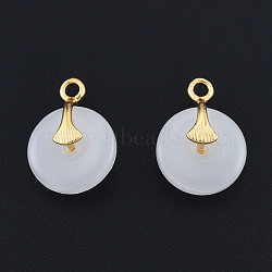 Glass Pendants, with Brass Findings, Nickel Free, Real 14K Gold Plated, Flat Round, Creamy White, 16.5x12x6.5mm, Hole: 2mm(KK-N259-28)