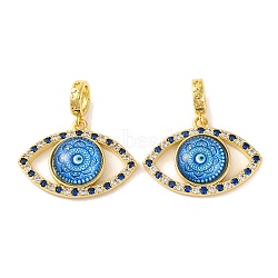 Rack Plating Brass Micro Pave Cubic Zirconia Pendant, with Glass, Long-Lasting Plated, Evil Eye, Real 18K Gold Plated, Deep Sky Blue, 30x28.5x5.5mm, Hole: 6mm(KK-H486-20G-03)