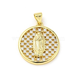 Brass with Cubic Zirconia Pendant, Round, Clear, 22x20x3.4mm, Hole: 5x3.5mm(FIND-Z023-09A-01)