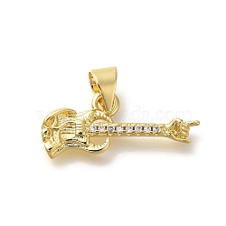 Rack Plating Brass with Cubic Zirconia Pendants, with Shell, Long-Lasting Plated, Lead Free & Cadmium Free, Real 18K Gold Plated Charms, Guitar, 8x20.5x2.5mm, Hole: 4x3.5mm(KK-Z086-51G-02)