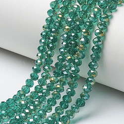 Electroplate Transparent Glass Beads Strands, Half Rainbow Plated, Faceted, Rondelle, Medium Sea Green, 4x3mm, Hole: 0.4mm, about 123~127pcs/strand, 16.5~16.9 inch(42~43cm)(EGLA-A034-T4mm-H19)