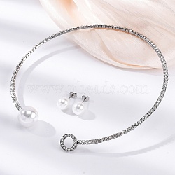 Round Plastic Imitation Pearl Stud Earrings & Cubic Zirconia Rhinestone Cuff Choker Necklaces Sets, 304 Stainless Steel Jewerly Set for Women, Stainless Steel Color, Inner Diameter: 4.43 inch(112.5mm)(SJEW-U003-05P)