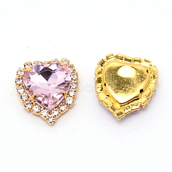 Sew on Rhinestone, Glass Rhinestone, with Light Gold Plated Brass Findings, Garment Accessories, Faceted, Heart, Pink, 15.2x14x6mm, Hole: 1mm(GLAA-WH0025-10A)