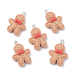 Opaque Resin Pendants, with Platinum Tone Iron Loops, Christmas Theme, Gingerbread Man, BurlyWood, 27.5x19.5x6.5mm, Hole: 2mm(RESI-F030-12)