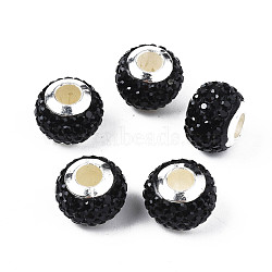 Handmade Polymer Clay Rhinestone European Beads, with Silver Tone CCB Plastic Double Cores, Large Hole Beads, Rondelle, Jet, 12.5~13x10mm, Hole: 4.5mm(RB-N053-001-02)