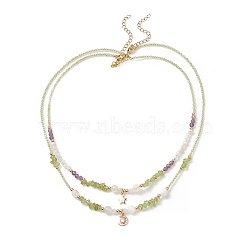 Star & Moon Pendant Necklaces Sets for Women, Natural Peridot & Moonstone & Amethyst Beaded Necklaces, 16.14~18.5 inch(41~47cm), 2pcs/set(NJEW-JN04128)