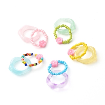 Flower Acrylic Beads Finger Rings for Kid Teen Girl Women, Glass Seed Beads & Transparent Resin Finger Rings Set, Mixed Color, Inner Diameter: 16~16.7mm, 10pcs/set