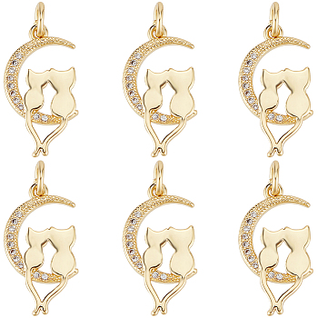 Brass Micro Pave Clear Cubic Zirconia Pendants, Long-Lasting Plated, with Jump Rings, Moon with Couple Cat, Real 18K Gold Plated, 19x10x2mm, Hole: 2mm, 8pcs/box