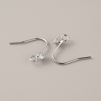 Brass Micro Pave Clear Cubic Zirconia Earring Hooks, with Horizontal Loops, Platinum, 15mm, Hole: 2mm, Pin: 0.7mm