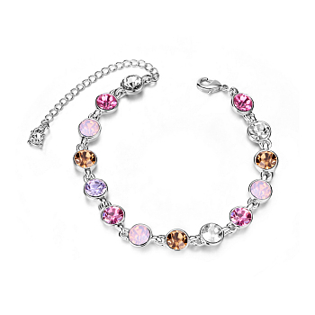 SHEGRACE Alloy Link Bracelets, with Rose Red Round Austrian Crystals, Platinum, 6-1/4 inch(160mm)