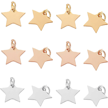 30Pcs 3 Colors 304 Stainless Steel Charms, Star, Mixed Color, 11x12x1.1mm, Hole: 4mm, 10pcs/color