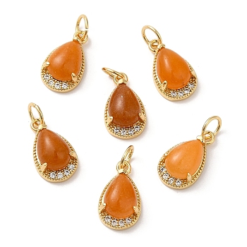Natural Yellow Jade Teardrop Charms, with Rack Plating Brass Micro Pave Clear Cubic Zirconia Findings and Jump Ring, Cadmium Free & Lead Free, Real 18K Gold Plated, 13.5x8x5.5mm, Hole: 3.5mm