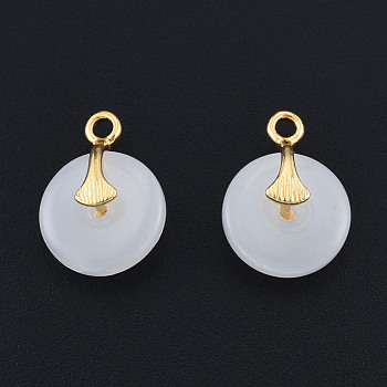Glass Pendants, with Brass Findings, Nickel Free, Real 14K Gold Plated, Flat Round, Creamy White, 16.5x12x6.5mm, Hole: 2mm