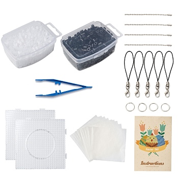 2 Colors Fuse Beads Kit, with Square ABC Plastic Pegboards, Ironing Paper, Plastic Tweezers, Iron Ball Chains & Jump Rings and Nylon Mobile Straps, Mixed Color, 5x5mm, Hole: 3mm, about 1040pcs