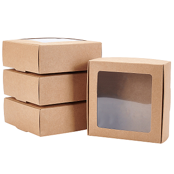 Paper Candy Boxes, Bakery Box, with PVC Clear Window, for Party, Wedding, Baby Shower, Square, Tan, 9.5x9.5x3.5cm