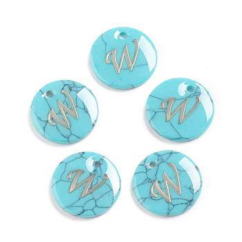 Synthetic Turquoise Charms, with Plastic Letter, Flat Round, Letter.W, 15x2mm, Hole: 1.5mm