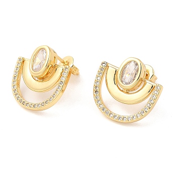 Fan Shape Ear Stud for Men Women, Brass With Cubic Zirconia Stud Earrings, Real 16K Gold Plated, Clear, 15.5x16.5mm