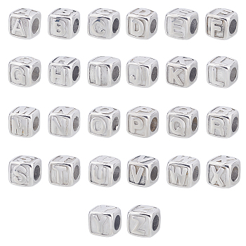 26Pcs 26 Styles 316 Surgical Stainless Steel European Beads, Large Hole Beads, Cube with Letter, Letter A~Z, 8x8x8mm, Hole: 4mm