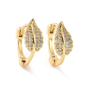 Clear Cubic Zirconia Aspen Leaf Hoop Earrings, Brass Jewelry for Women, Real 18K Gold Plated, 14.5x6.5x15mm, Pin: 0.8mm
