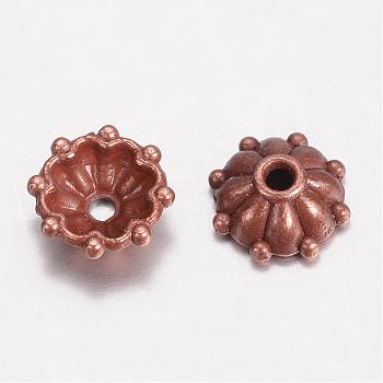 Tibetan Style Alloy Fancy Bead Caps, Multi-Petal Flower, Red Copper, 8x3mm, Hole: 1mm