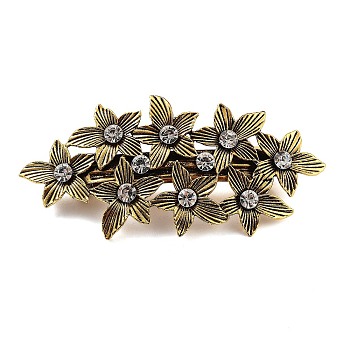 Flower Alloy Rhinestone Hair Barrettes, with Iron and Plastic Imitation Pearl, for Woman Girls, Antique Golden, 36x88x15mm