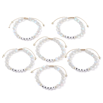 Synthetic Moonstone with Acrylic Braided Bead Bracelets, Letter, White, Inner Diameter:  2~3 inch(5~7.7cm), 6pcs/set