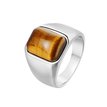Rectangle Natural Tiger Eye Finger Ring, Stainless Steel Jewelry, Stainless Steel Color, Inner Diameter: 18.2mm
