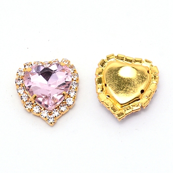 Sew on Rhinestone, Glass Rhinestone, with Light Gold Plated Brass Findings, Garment Accessories, Faceted, Heart, Pink, 15.2x14x6mm, Hole: 1mm