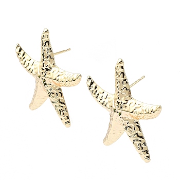 Hammered Starfish Shape Brass Studs Earring, Real 18K Gold Plated, 34x32mm