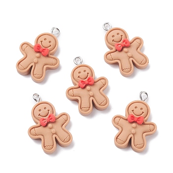 Opaque Resin Pendants, with Platinum Tone Iron Loops, Christmas Theme, Gingerbread Man, BurlyWood, 27.5x19.5x6.5mm, Hole: 2mm