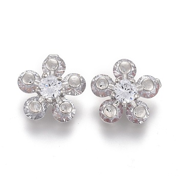 Brass Micro Pave Clear Cubic Zirconia Shank Buttons, Flower, Platinum, 14x9mm, Hole: 3mm