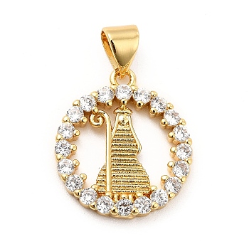 Rack Plating Brass Micro Pave Cubic Zirconia Pendants, Flat Round with Pharaoh Charm, Long-Lasting Plated, Cadmium Free & Lead Free, Real 18K Gold Plated, 18x16x2mm, Hole: 3.5x4mm