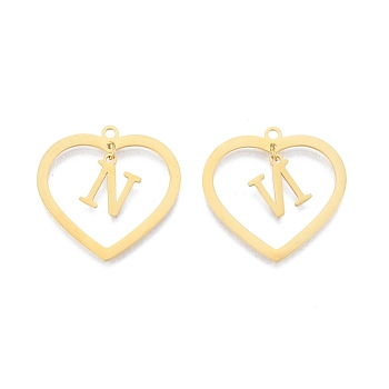 201 Stainless Steel Pendants, Hollow, Heart with Letter A~Z, Real 18K Gold Plated, Letter.N, 29x29.5x1mm, Hole: 2mm, A~Z: 12x8~10.5x1mm