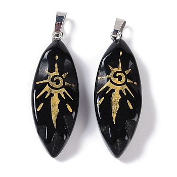 Natural Obsidian Gold Sun Pattern Pendants, Horse Eye Charms, with Rack Plating Platinum Plated Brass Snap on Bails, Lead Free & Cadmium Free, 42.5~43.5x15.5x7.5~8.5mm, Hole: 8x5mm