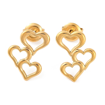 Ion Plating(IP) 304 Stainless Steel Stud Earrings, Hollow Heart, Real 14K Gold Plated, 16x12mm