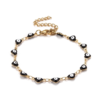 Enamel Heart with Evil Eye Link Chains Bracelet, Vacuum Plating 304 Stainless Steel Jewelry for Women, Golden, Black, 6-7/8 inch(17.5cm)