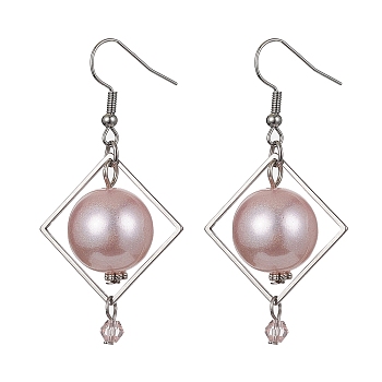 ABS Plastic Imitation Pearl Round Dangle Earrings, 304 Stainless Steel Rhombus Jewelry with Imitation Austrian Crystal 5301 Bicone Beads and Iron Earring Hooks, Rosy Brown, 55x27.5mm