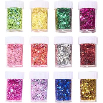 Plastic Paillette Beads, Sequins Beads, Star and Heart, Mixed Color, 24bottles/set
