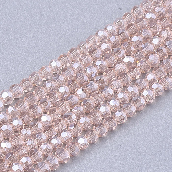 Electroplate Glass Beads Strands, Pearl Luster Plated, Faceted, Rondelle, Pink, 2.5~3x2~2.5mm, Hole: 0.6mm, about 196pcs/strand, 19 inch
