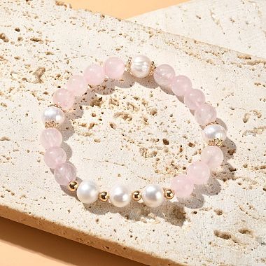 bracelet extensible en perles de quartz rose naturel et perle pour femme(BJEW-JB09384-02)-4