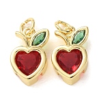 Brass Micro Pave Cubic Zirconia Pendants, Cherry with Heart Charms, Lead Free & Cadmium Free, Rack Plating, Long-Lasting Plated, Real 18K Gold Plated, 15.5x9.5x5.5mm, Hole: 3.3mm(CU-E003-12G-B)