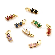 Brass Cubic Zirconia Charms, Real 18K Gold Plated, Cadmium Free & Lead Free, Double Star, Mixed Color, 12x5x3mm, Hole: 3.8mm(KK-A156-14G-RS)