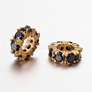 Large Hole Ring Brass Micro Pave Cubic Zirconia Spacer Beads, Golden, Black, 11x4mm, Hole: 5mm(ZIRC-L041-18C)