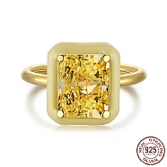 925 Sterling Silver Rings, Birthstone Ring, Real 18K Gold Plated, with Enamel & Cubic Zirconia for Women, Rectangle, Yellow, 1.9mm, US Size 7(17.3mm)(RJEW-A019-43B-03G)