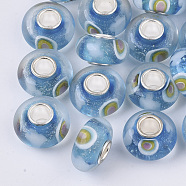 Handmade Silver Foil Lampwork European Beads, Large Hole Beads, with Platinum Color Brass Single Cores, Rondelle, Sky Blue, 14x7.5mm, Hole: 4mm(X-LAMP-S193-005)