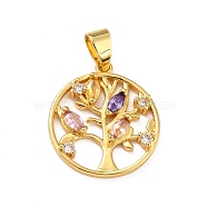 Brass Micro Pave Colorful Cubic Zirconia Pendants, Flat Round with Tree, Real 18K Gold Plated, 22.5x19.5x3mm, Hole: 6x3mm(ZIRC-A021-27G)
